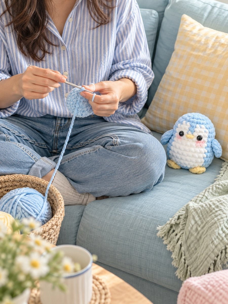 Woman crocheting on a sofa next to Gaston, a blue chenille crochet penguin